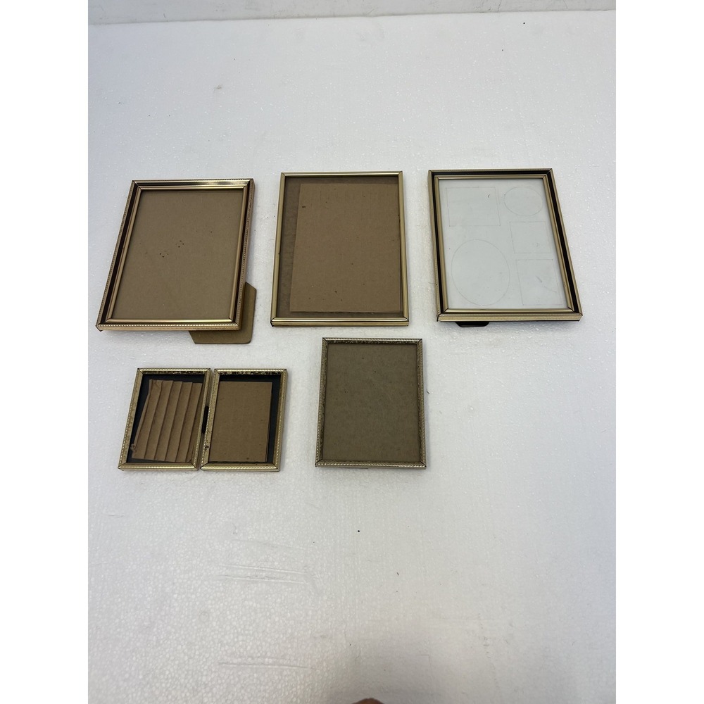Vintage Gold Metal Picture Frames Lot Tabletop Easel Back Folding MCM 70s 5x7